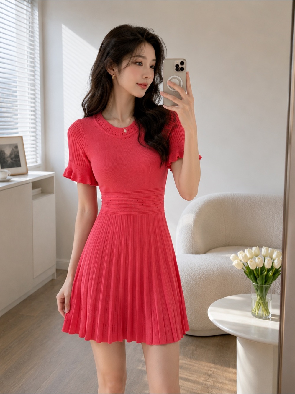 Coral Ribbed Knit Fit & Flare Mini Dress
